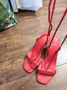Aldo Red Rope-Strap Square-Toe Heels